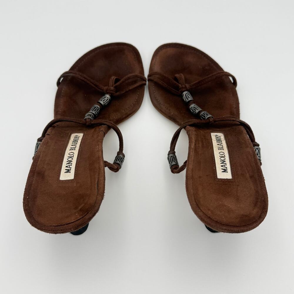 Manolo Blahnik Brown Suede Beaded Sandals Size 38 - Picture 4 of 5